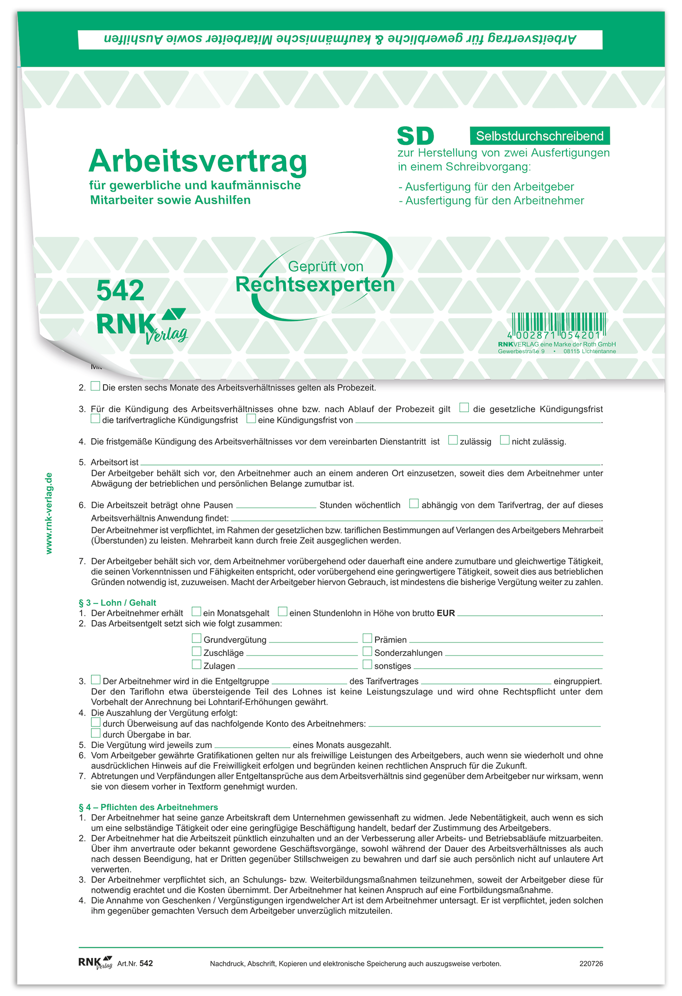 rnk-arbeitsvertrag-gewerblich-kaufm-nnisch-selbstdurchschreibend image 1