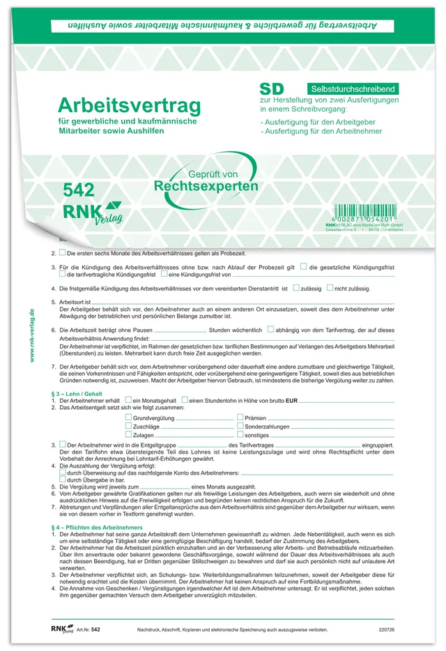 rnk-arbeitsvertrag-gewerblich-kaufm-nnisch-selbstdurchschreibend image 1