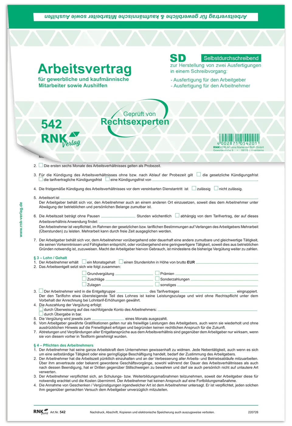 rnk-arbeitsvertrag-gewerblich-kaufm-nnisch-selbstdurchschreibend image 1