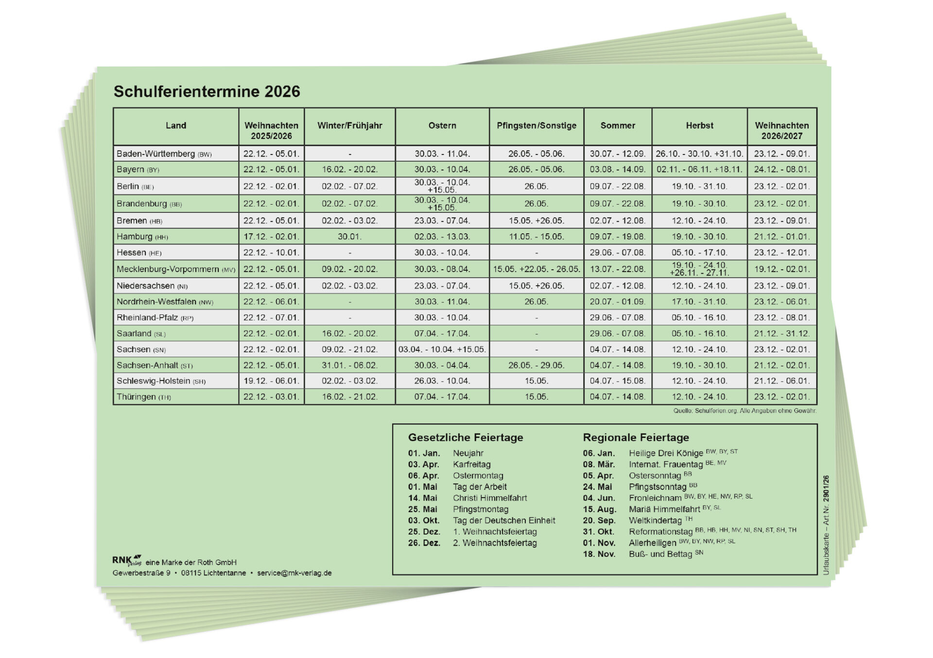 rnk-urlaubs-und-fehltagekarten-2026-gr-n-tabellarisch-10-st-ck image 2